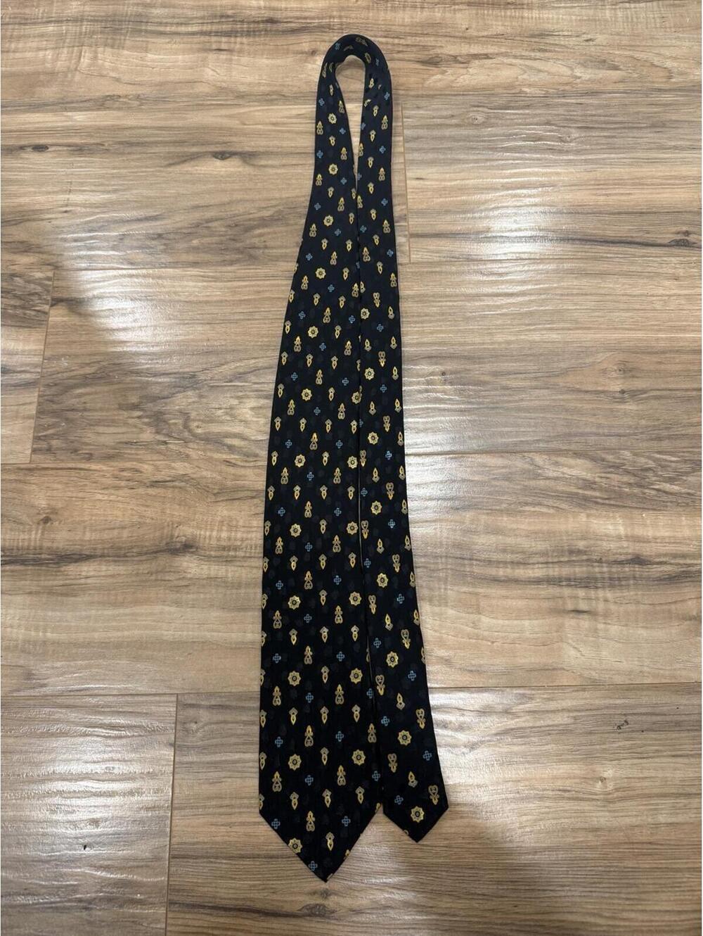 Brioni Silk Tie Black Gold Blue Geometric Medallion Handmade Italy